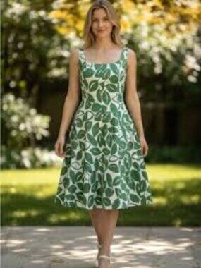 Nine West Sleaveless Leaf Print Size 2 Cotton Knee Length Dress, Like New